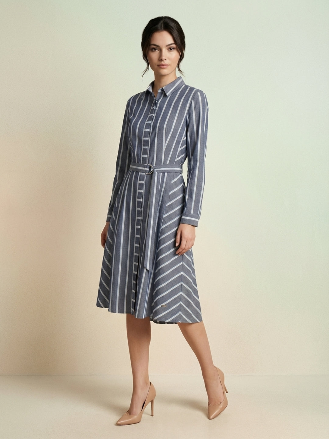 Iconic Women Blue Striped Shirt Dress With Self Fabric Belt