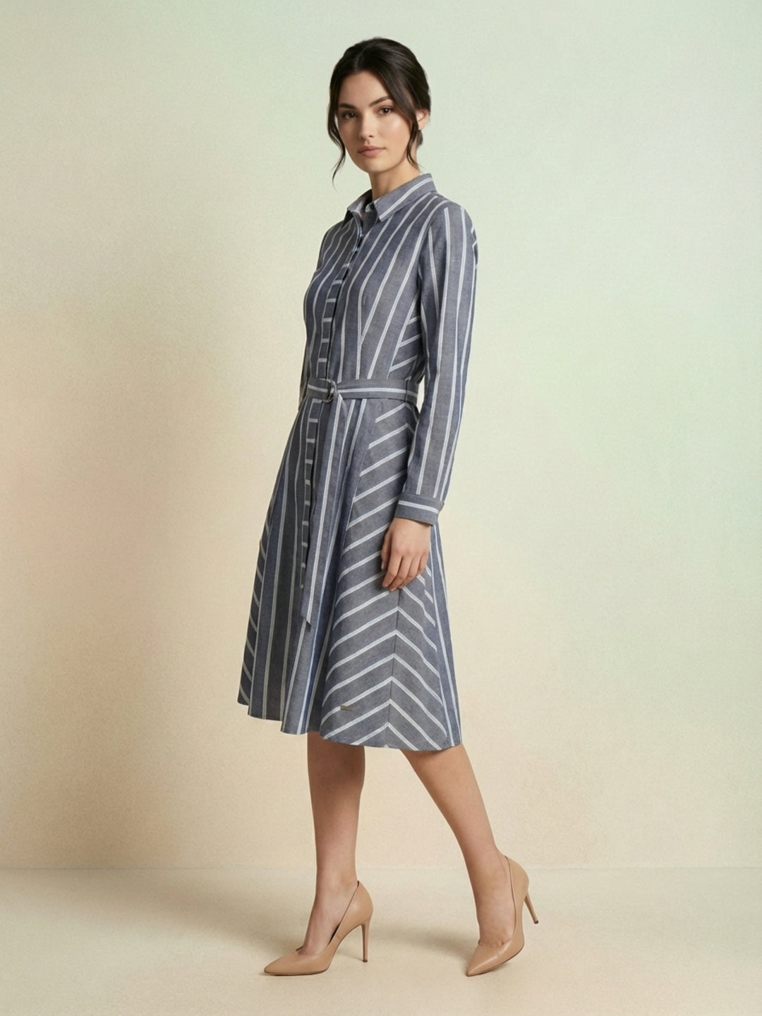 Iconic Women Blue Striped Shirt Dress With Self Fabric Belt