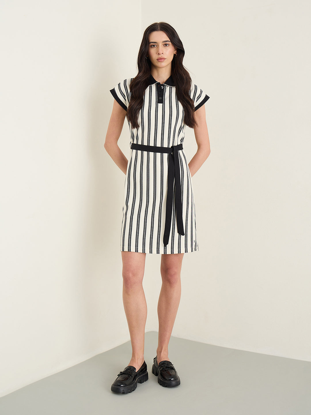 Iconic White Striped Stretchable Regular Fit Dress
