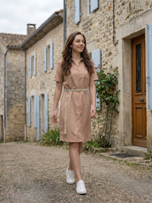 Iconic Women Beige Straight Fit Midi Shirt Dress