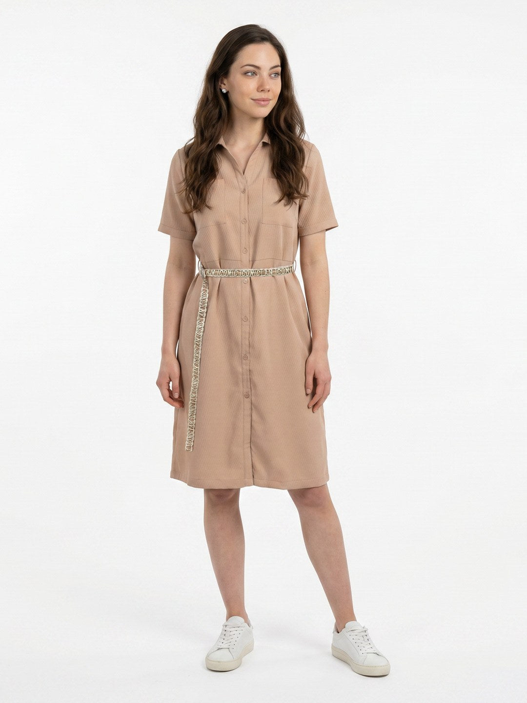 Iconic Women Beige Straight Fit Midi Shirt Dress