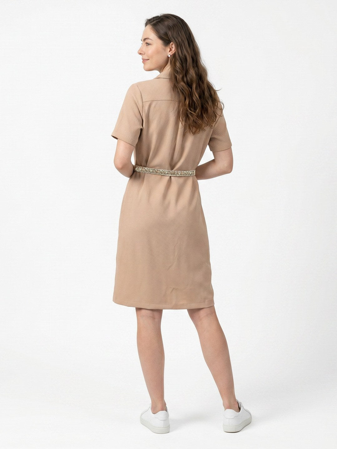 Iconic Women Beige Straight Fit Midi Shirt Dress