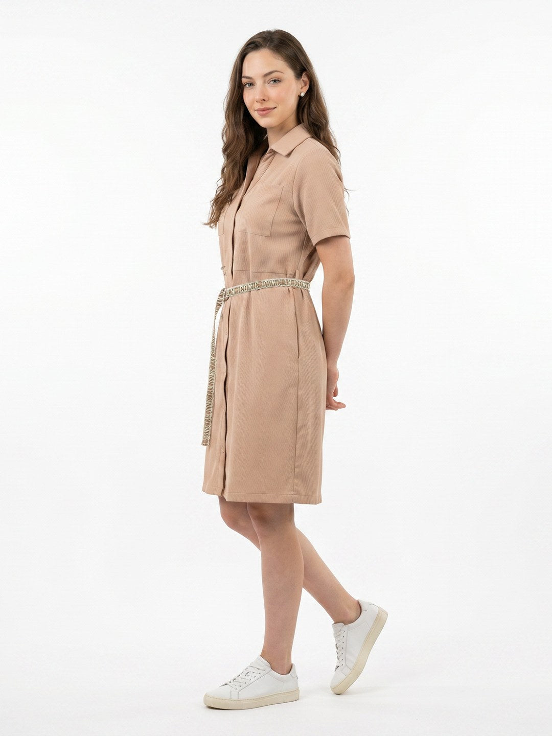 Iconic Women Beige Straight Fit Midi Shirt Dress