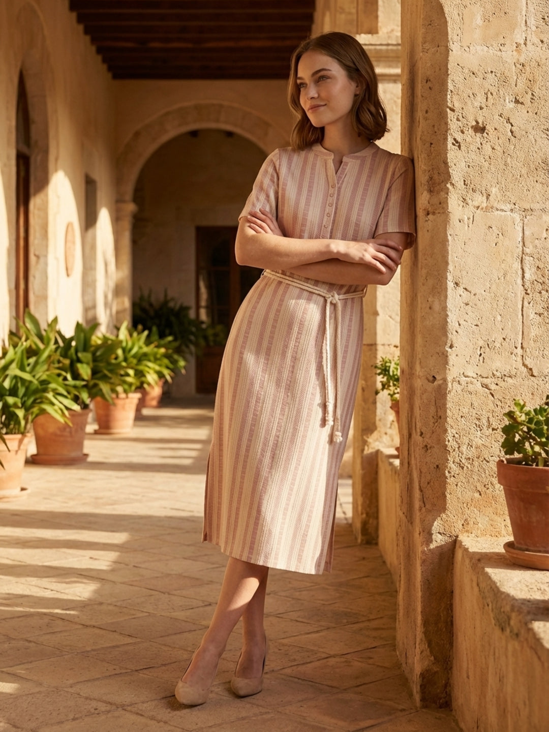 Iconic Women Pink Striped Dress With Fancy Belt