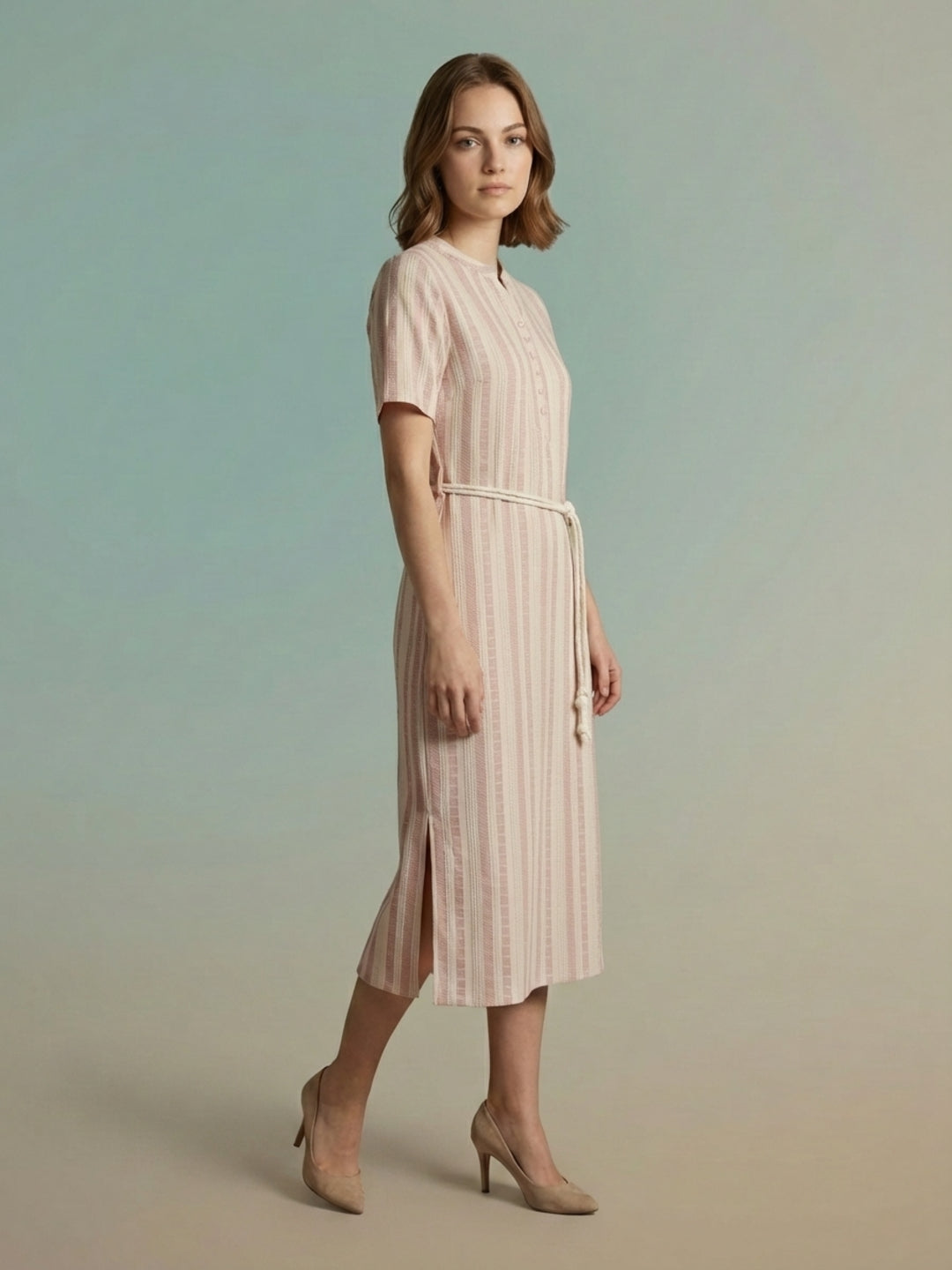Iconic Women Pink Striped Dress With Fancy Belt