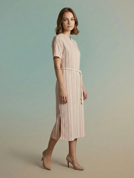 Iconic Women Pink Striped Dress With Fancy Belt