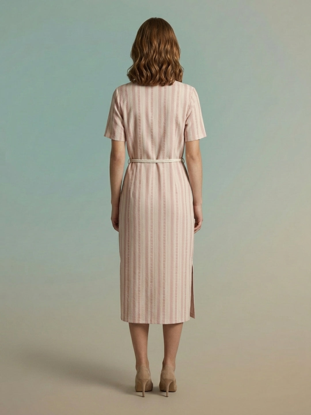 Iconic Women Pink Striped Dress With Fancy Belt