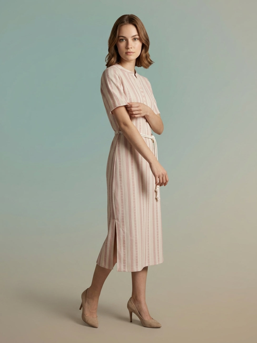 Iconic Women Pink Striped Dress With Fancy Belt