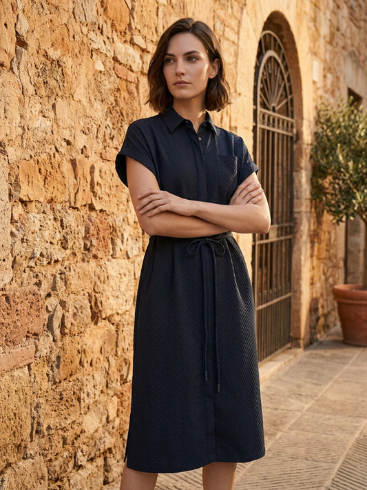 Iconic Women Navy Blue Textured Dress With Belt