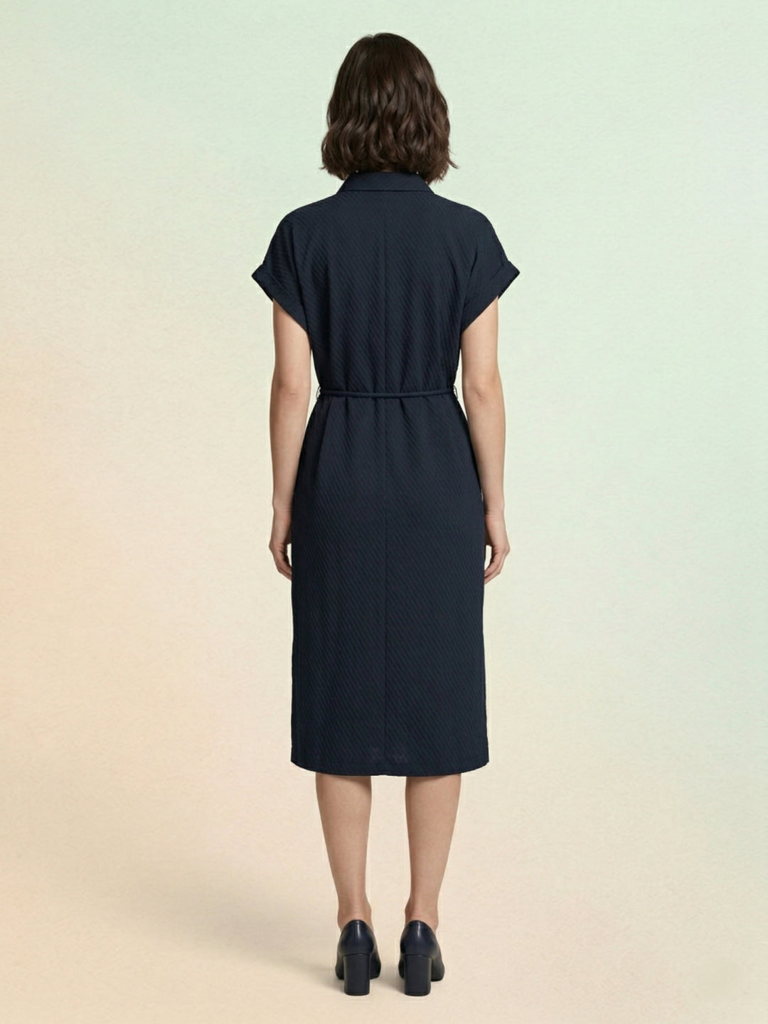 Iconic Women Navy Blue Textured Dress With Belt
