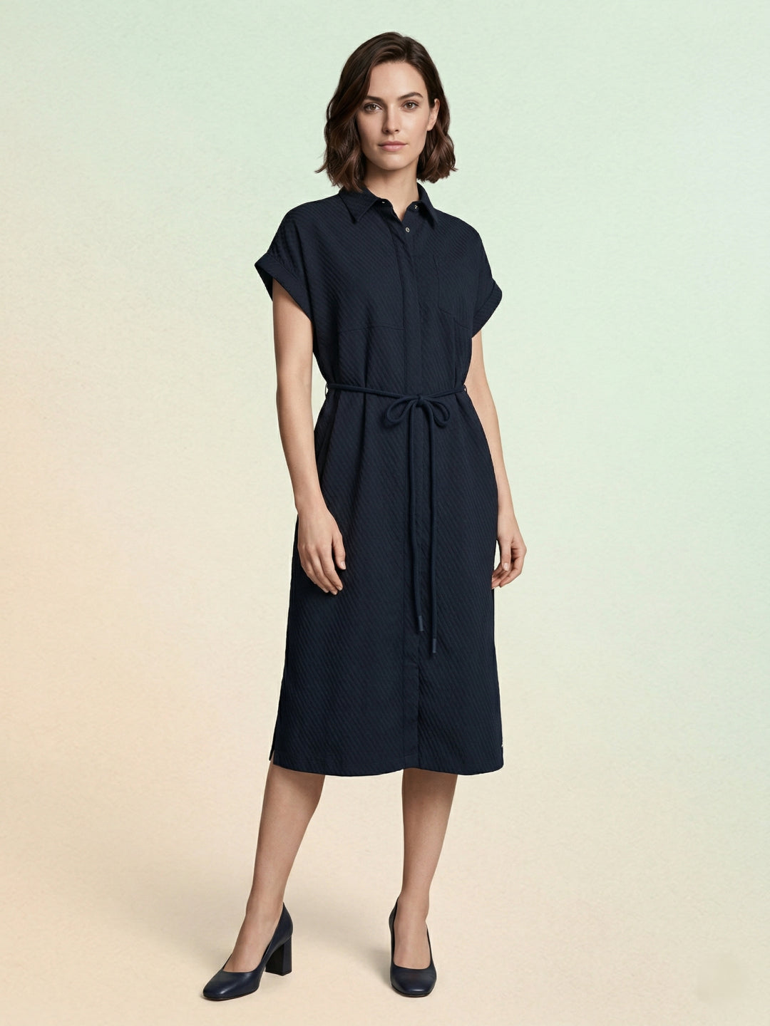 Iconic Women Navy Blue Textured Dress With Belt