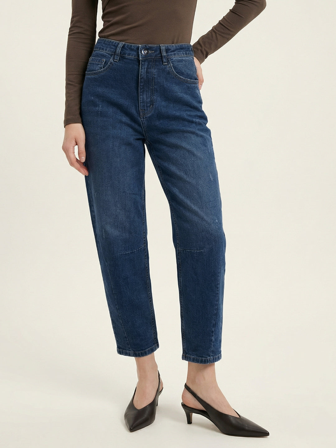 Iconic Women Navy Blue Solid Mid Rise Barrel Fit Jeans