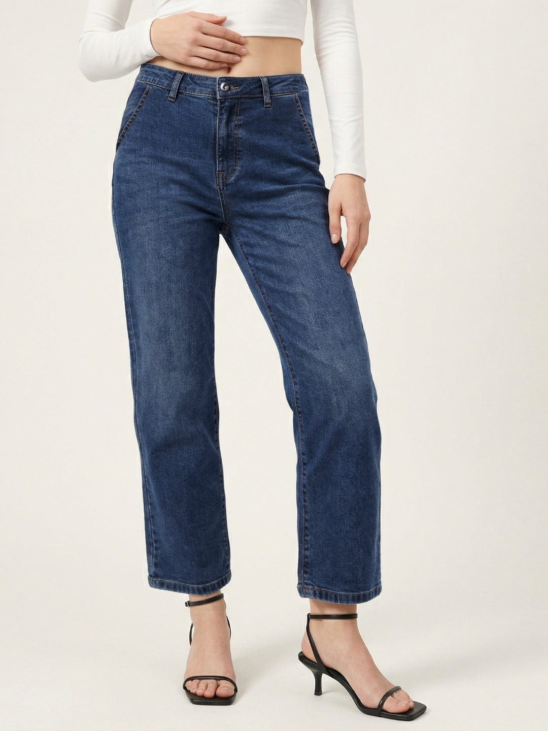 Iconic Blue Solid Stretchable Mom Fit Jeans