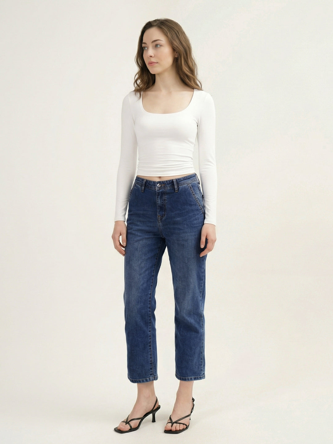 Iconic Blue Solid Stretchable Mom Fit Jeans