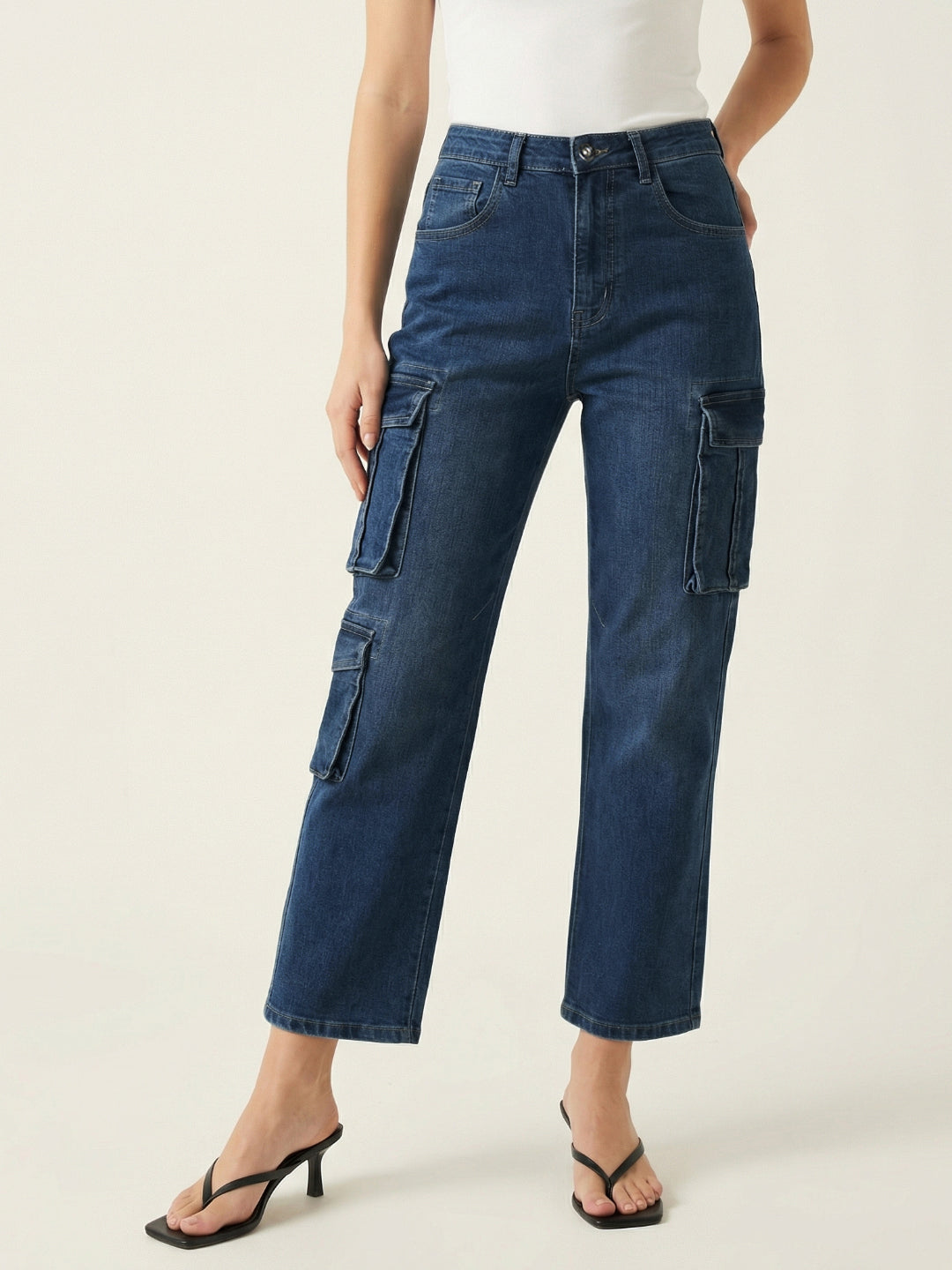 Iconic Blue Solid Stretchable Cargo Fit Jeans