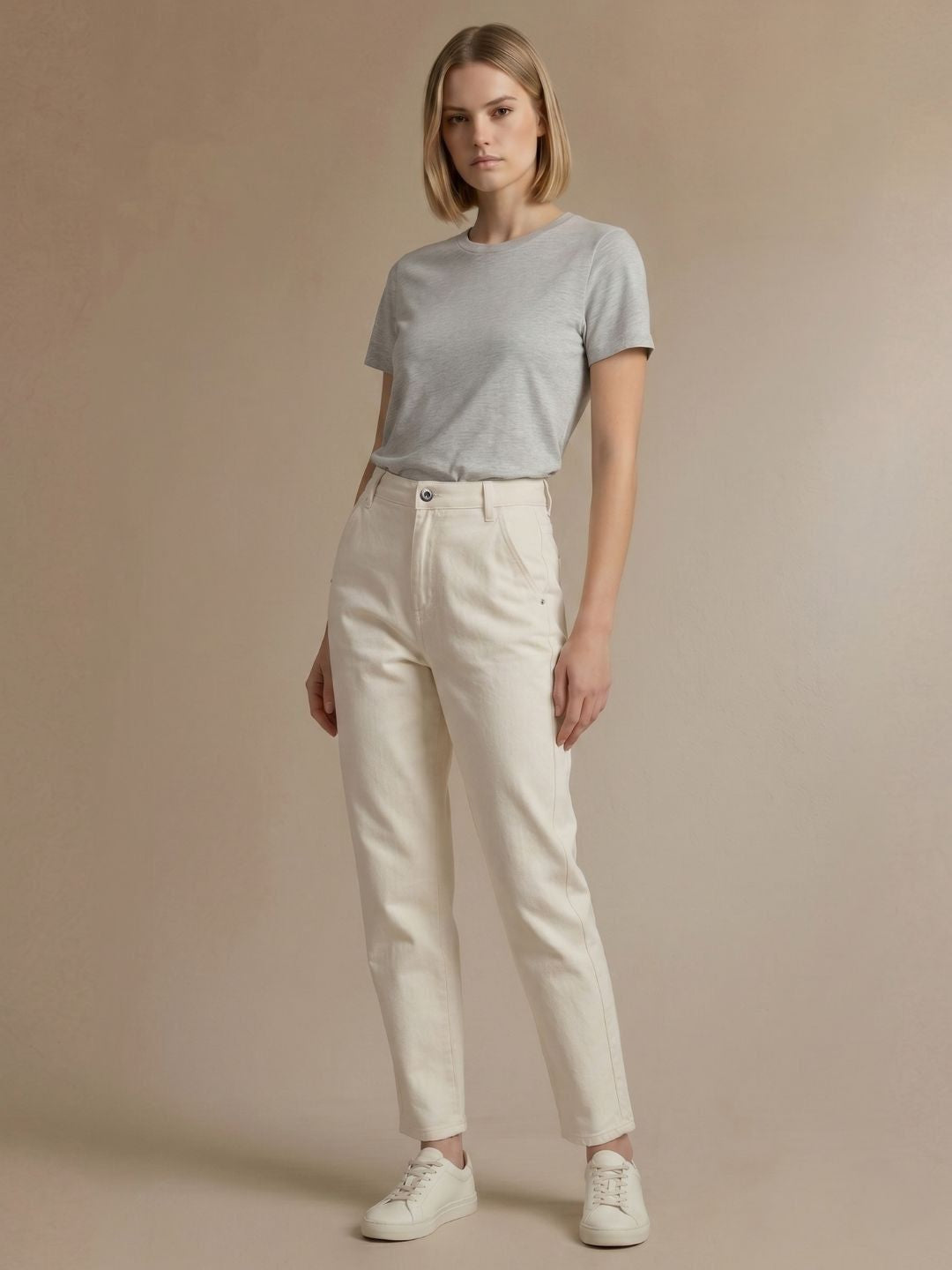 Iconic Off White Solid Stretchable Baggy Fit Jeans