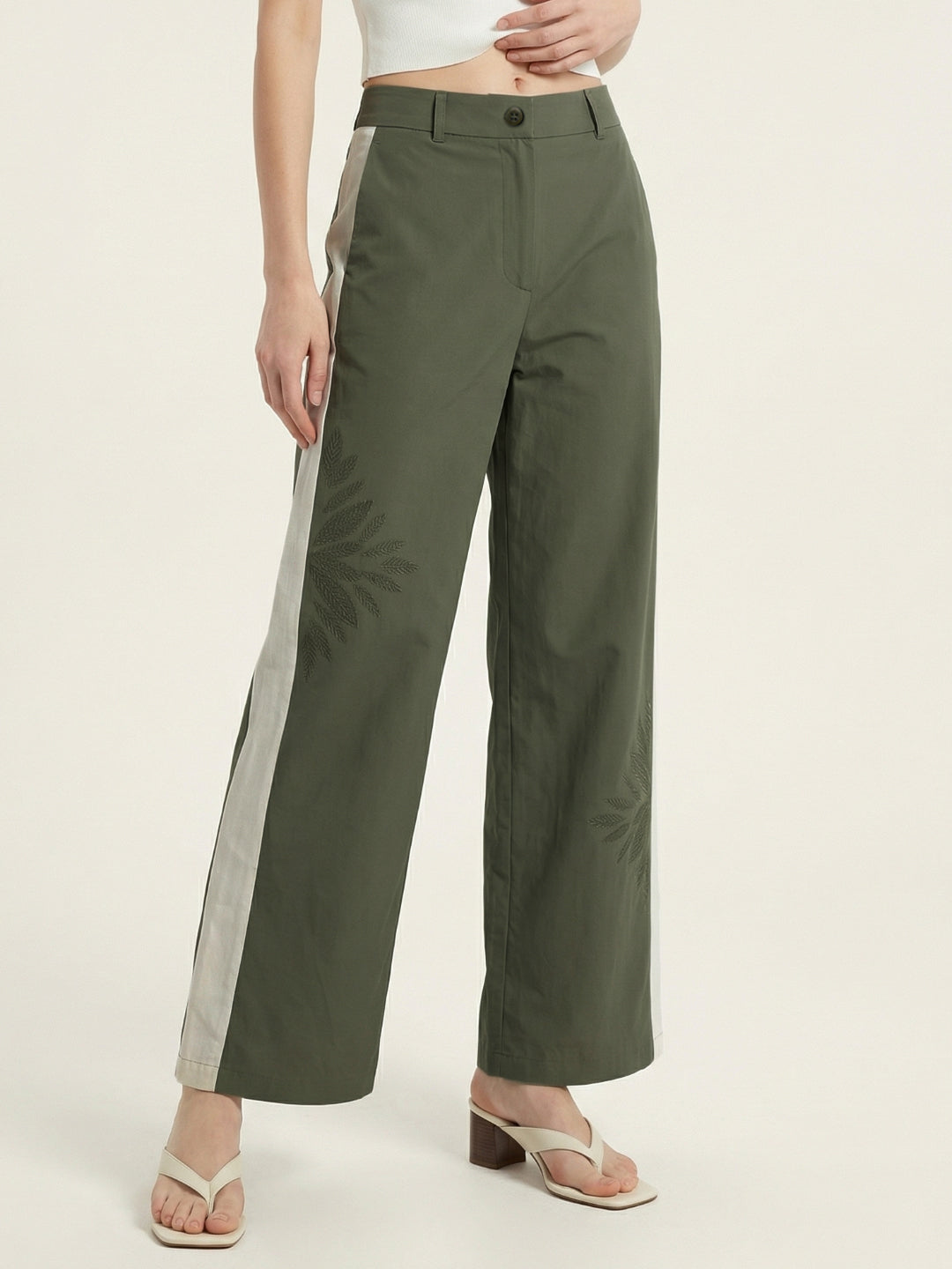 Iconic Women Cotton Olive Solid Mid Rise Wide Leg Fit Pant