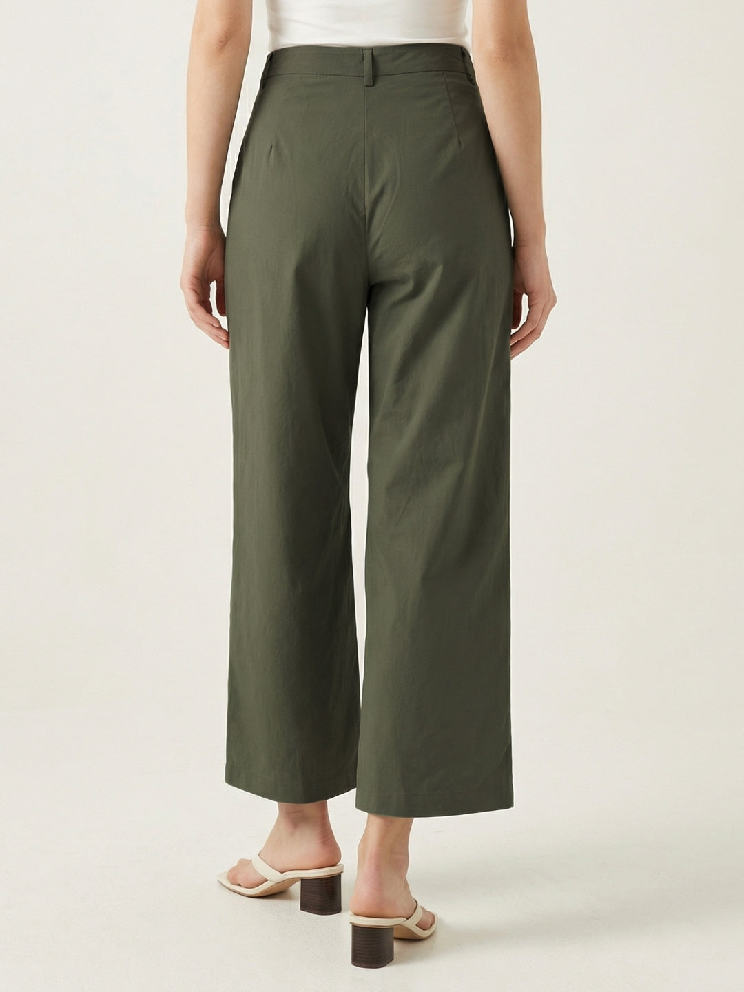 Iconic Women Cotton Olive Solid Mid Rise Wide Leg Fit Pant
