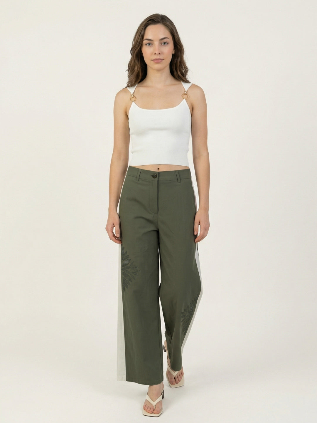 Iconic Women Cotton Olive Solid Mid Rise Wide Leg Fit Pant