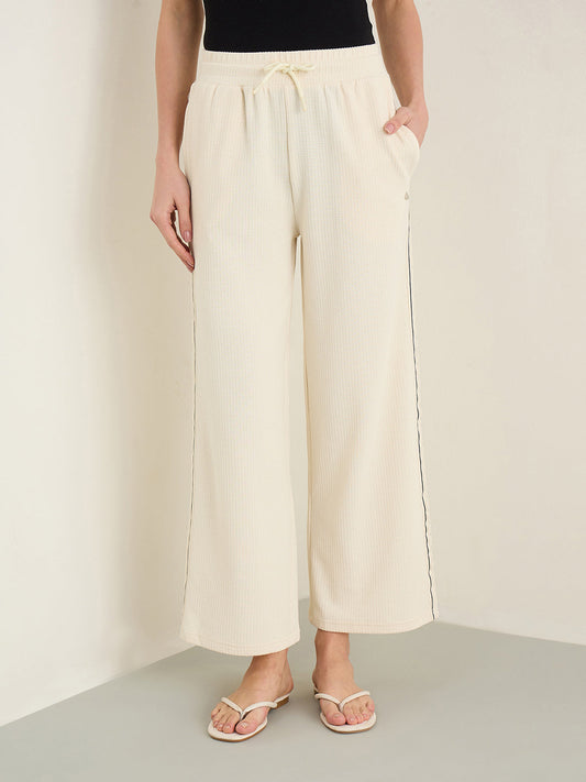 Iconic Cream Self Design Straight Fit Stretchable Trouser