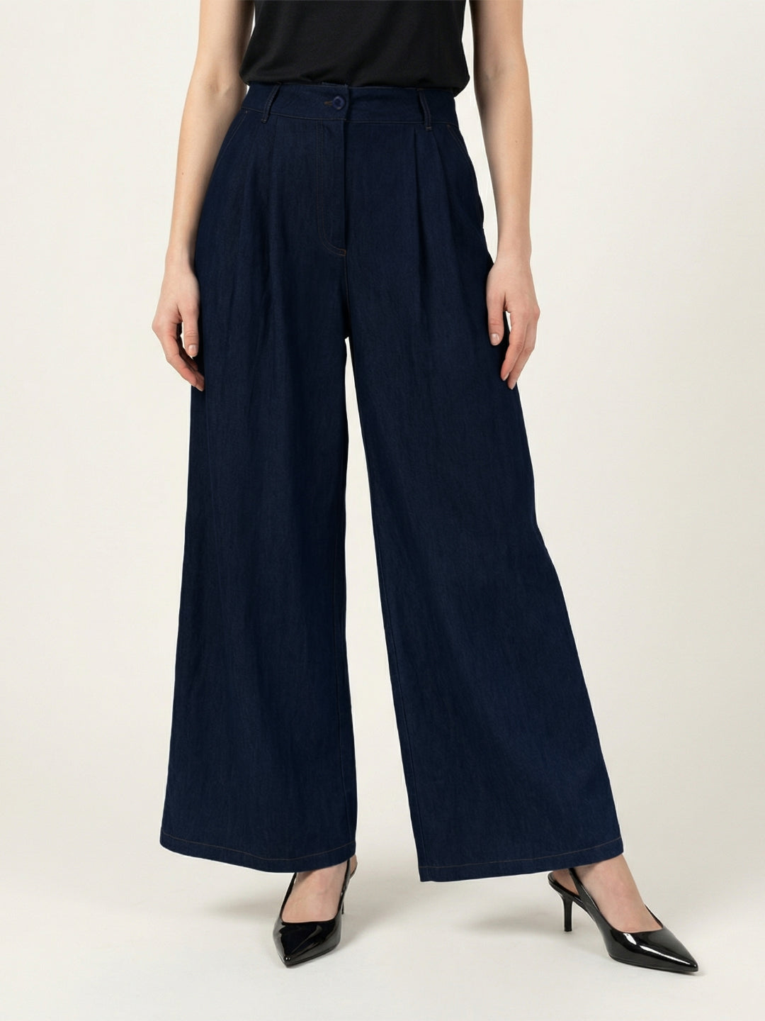 Iconic Women Navy Blue Solid Mid Rise Wide Leg Fit Pant