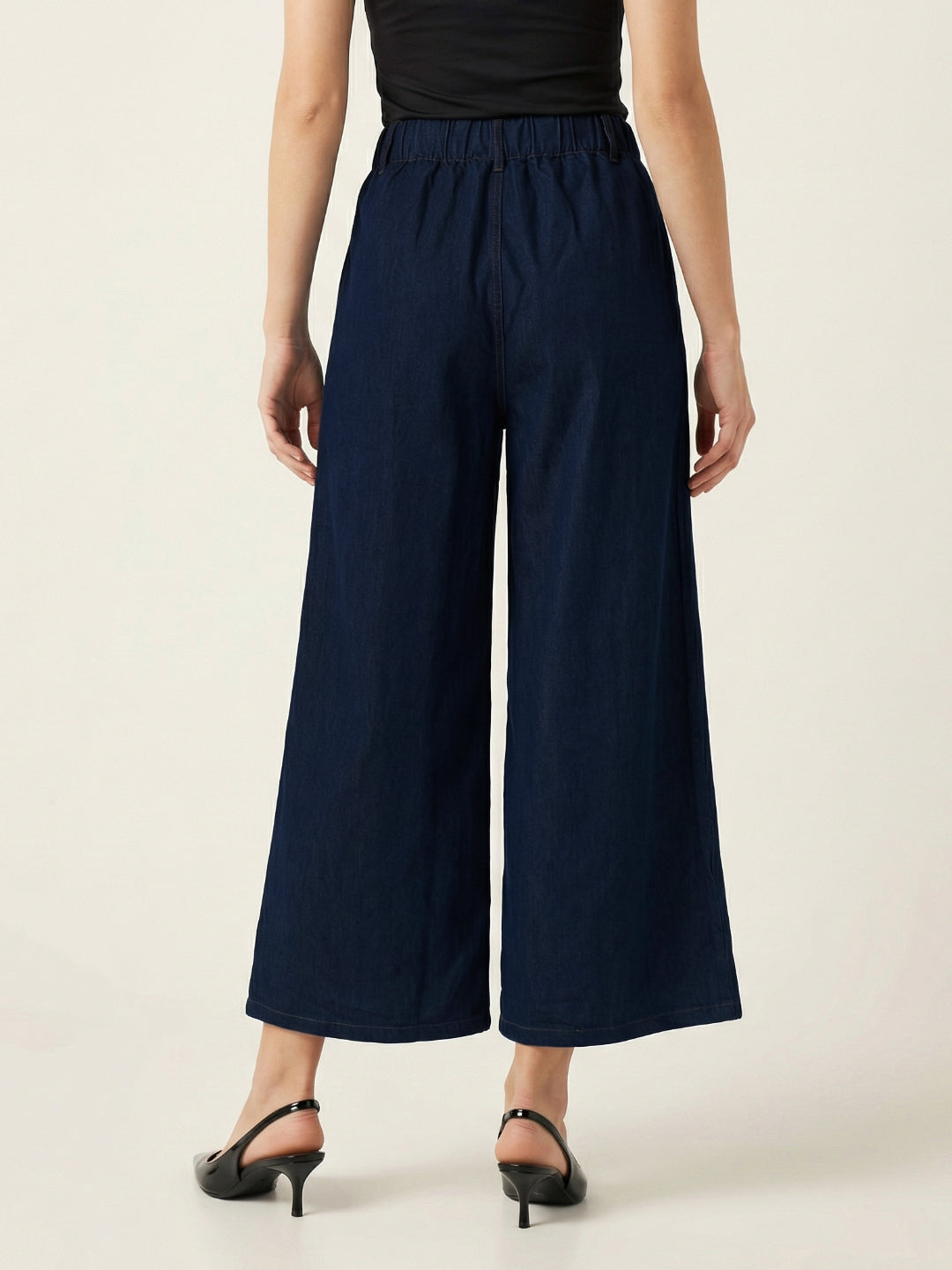 Iconic Women Navy Blue Solid Mid Rise Wide Leg Fit Pant