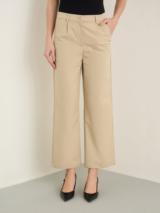 Iconic Beige Solid Straight Fit Stretchable Trouser