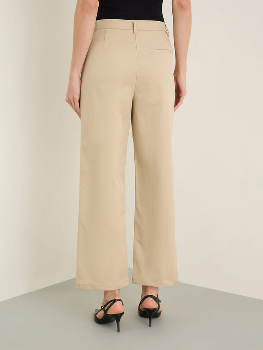 Iconic Beige Solid Straight Fit Stretchable Trouser