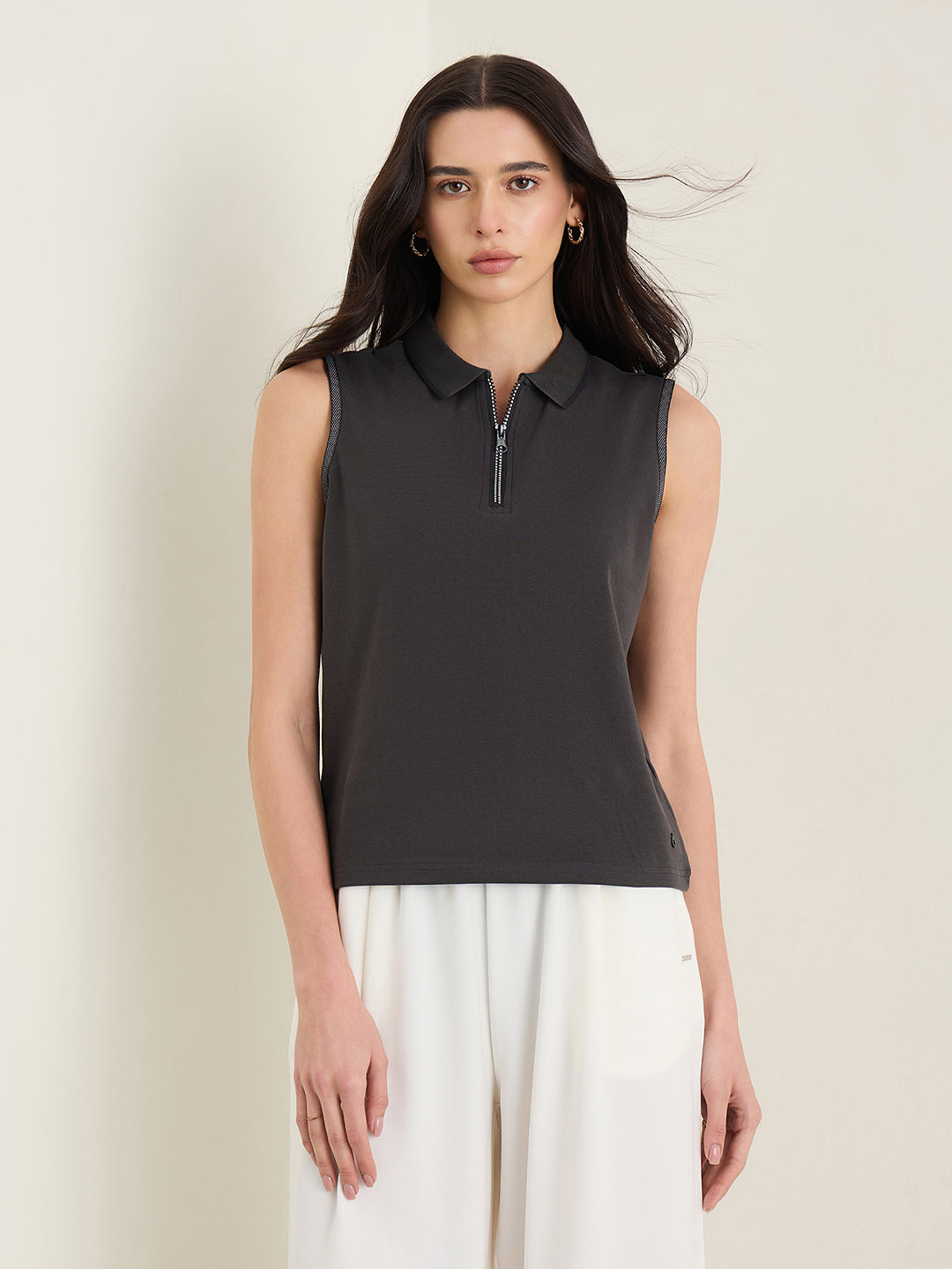 Iconic Women Charcoal Grey Solid Regular Fit Top