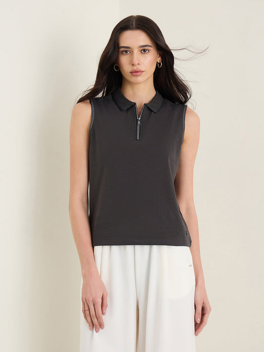 Iconic Women Charcoal Grey Solid Regular Fit Top