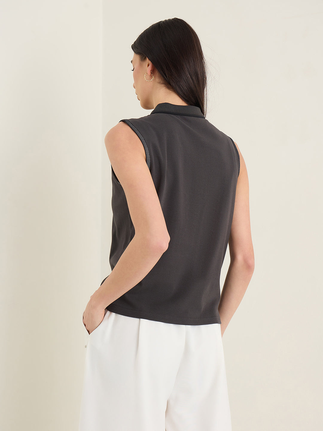 Iconic Women Charcoal Grey Solid Regular Fit Top