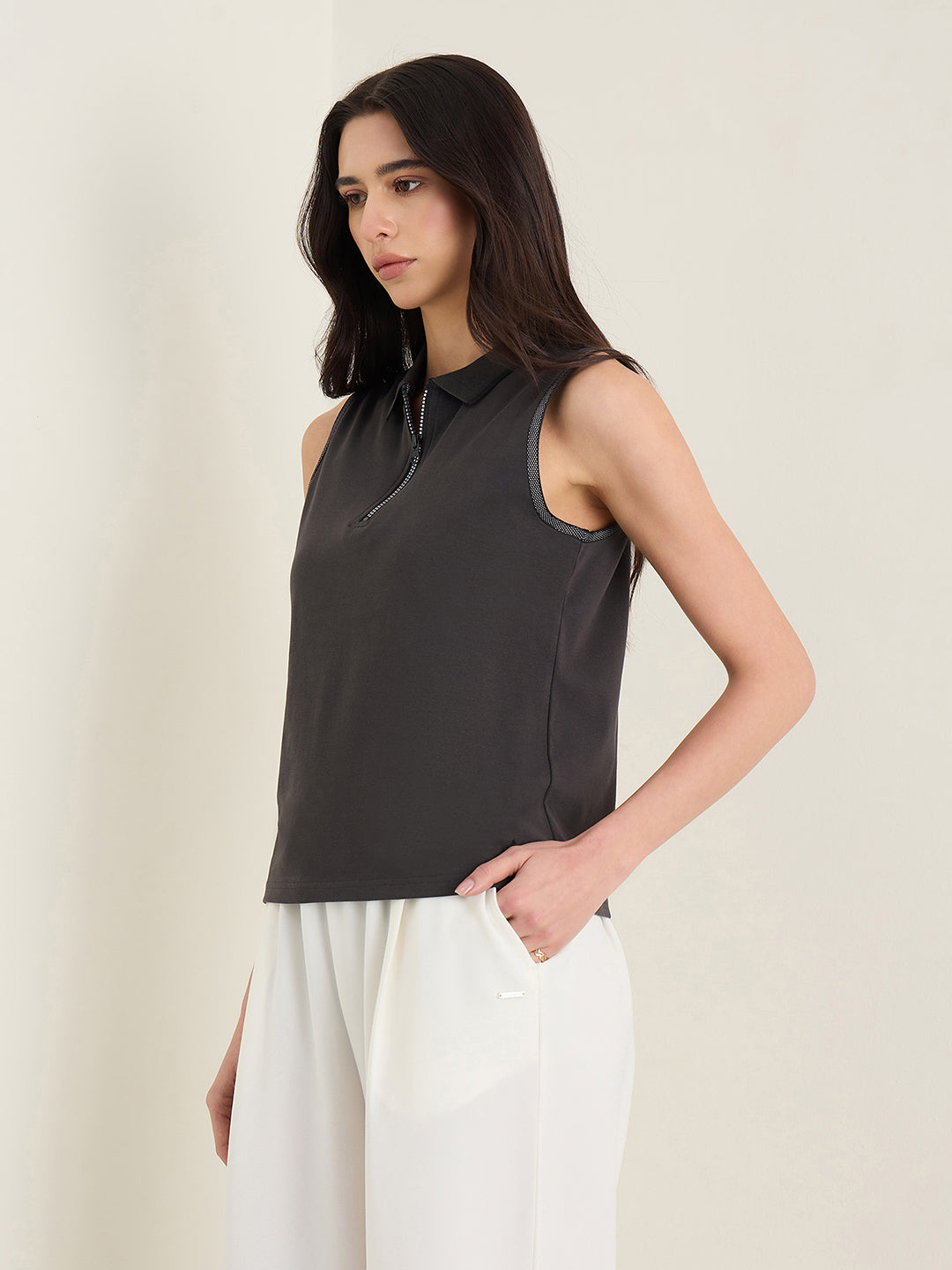 Iconic Women Charcoal Grey Solid Regular Fit Top