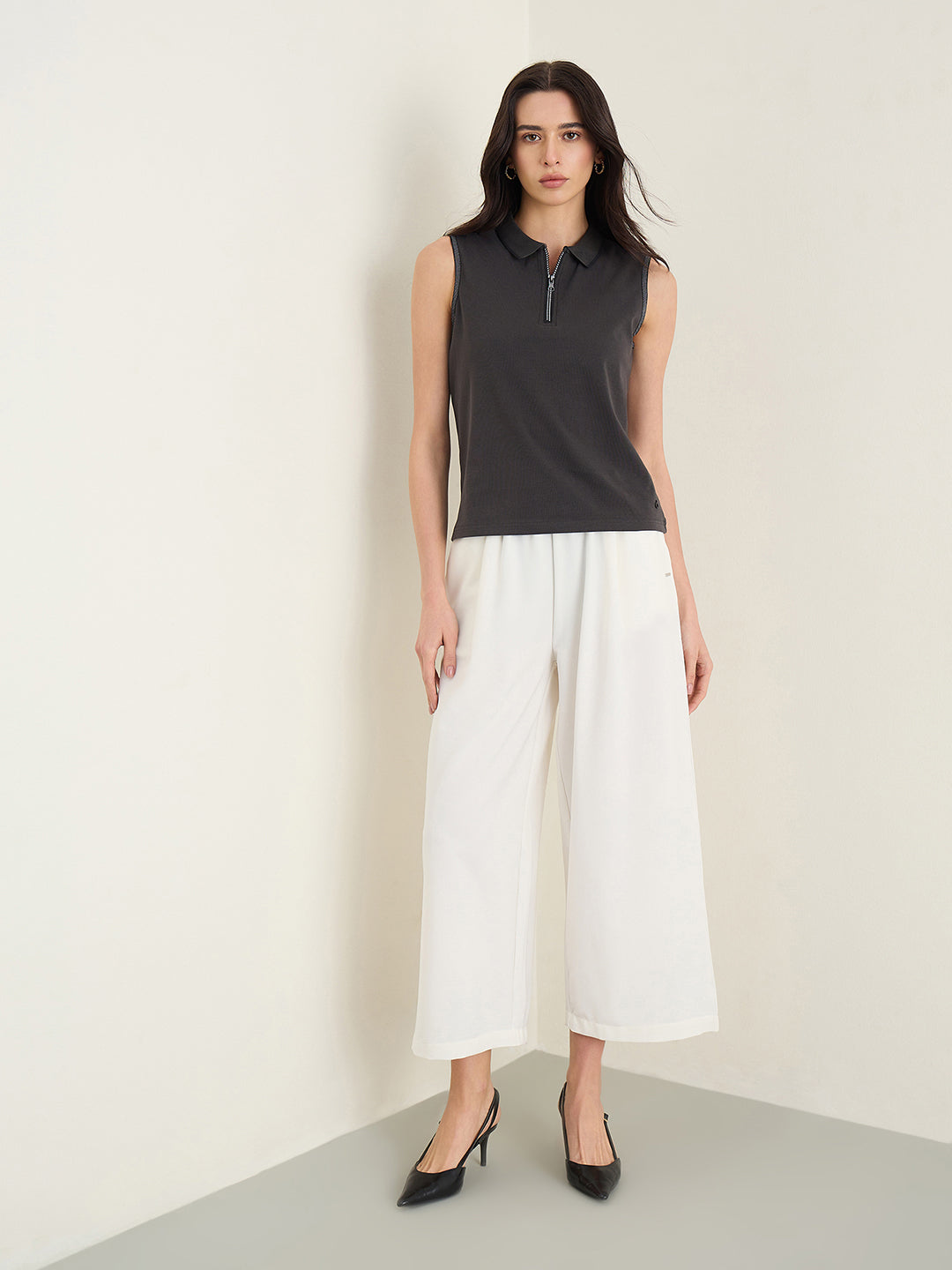 Iconic Women Charcoal Grey Solid Regular Fit Top