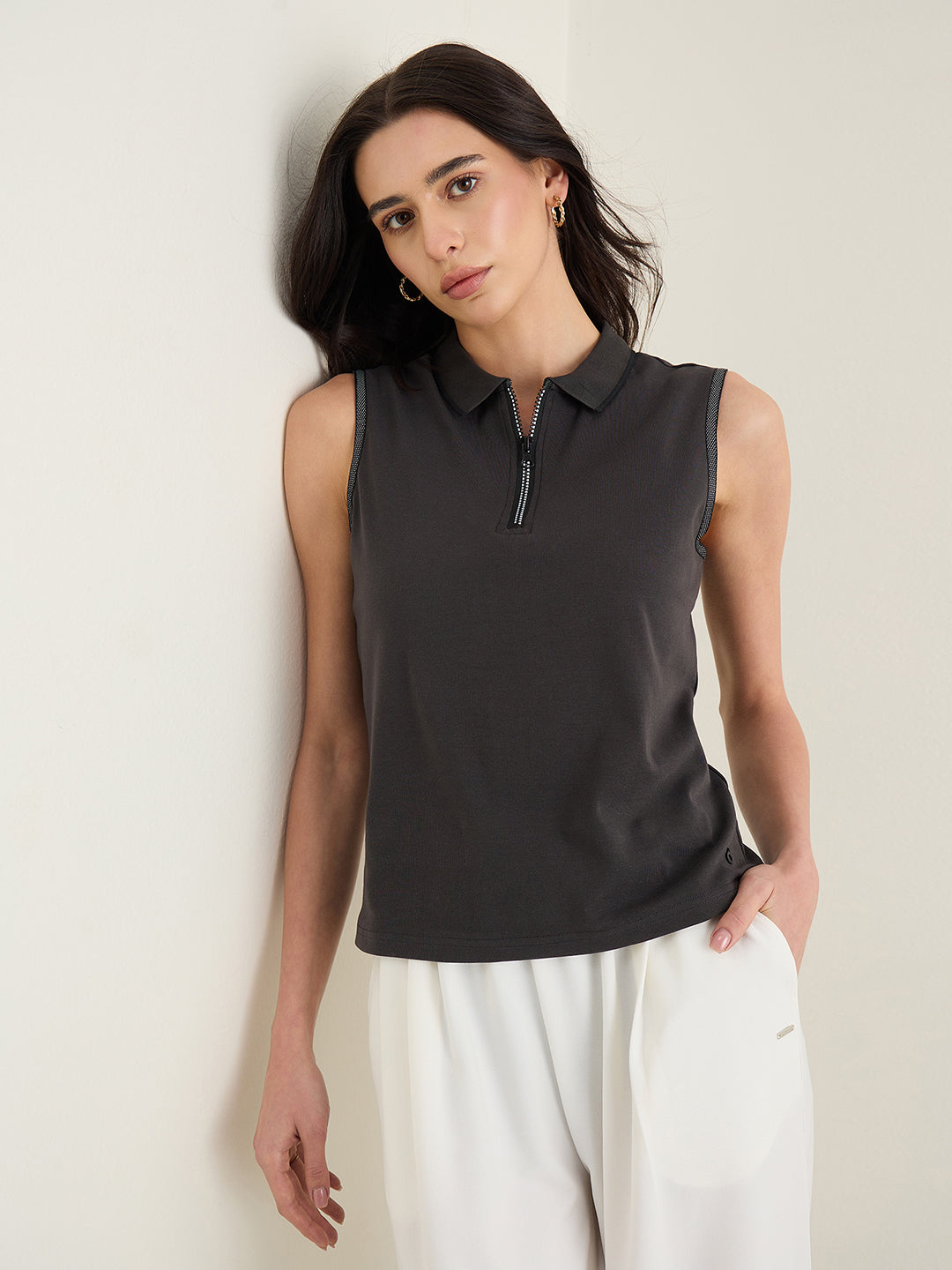 Iconic Women Charcoal Grey Solid Regular Fit Top