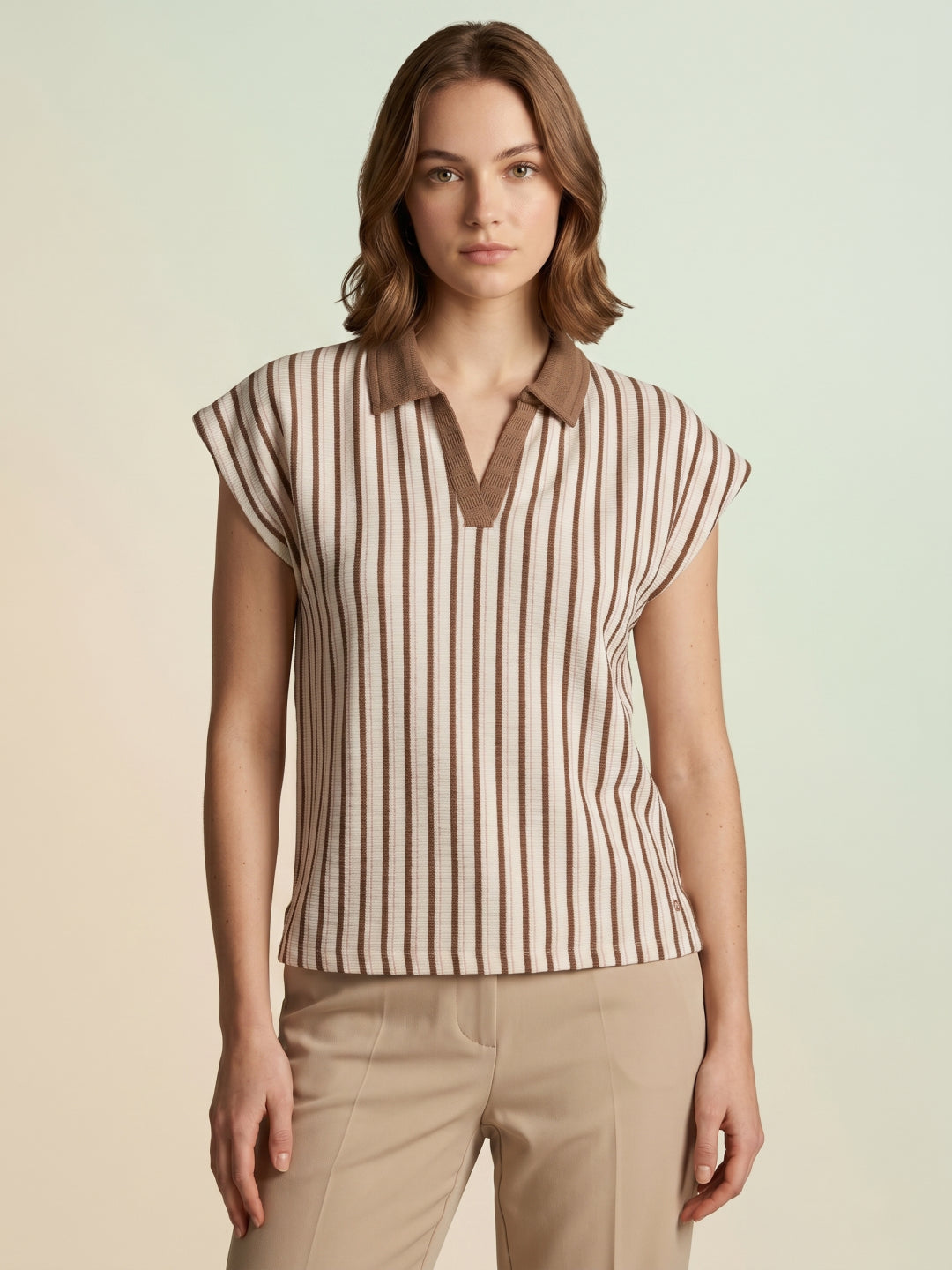 Iconic Women Cream Striped Polo T-Shirt