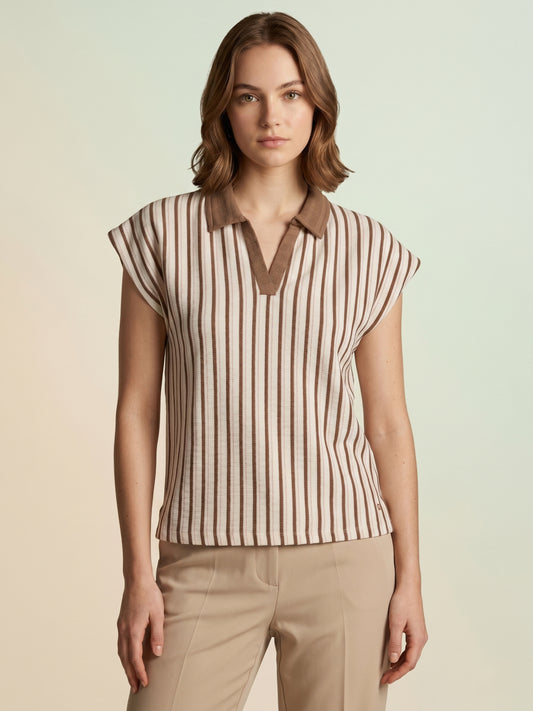 Iconic Women Cream Striped Polo T-Shirt