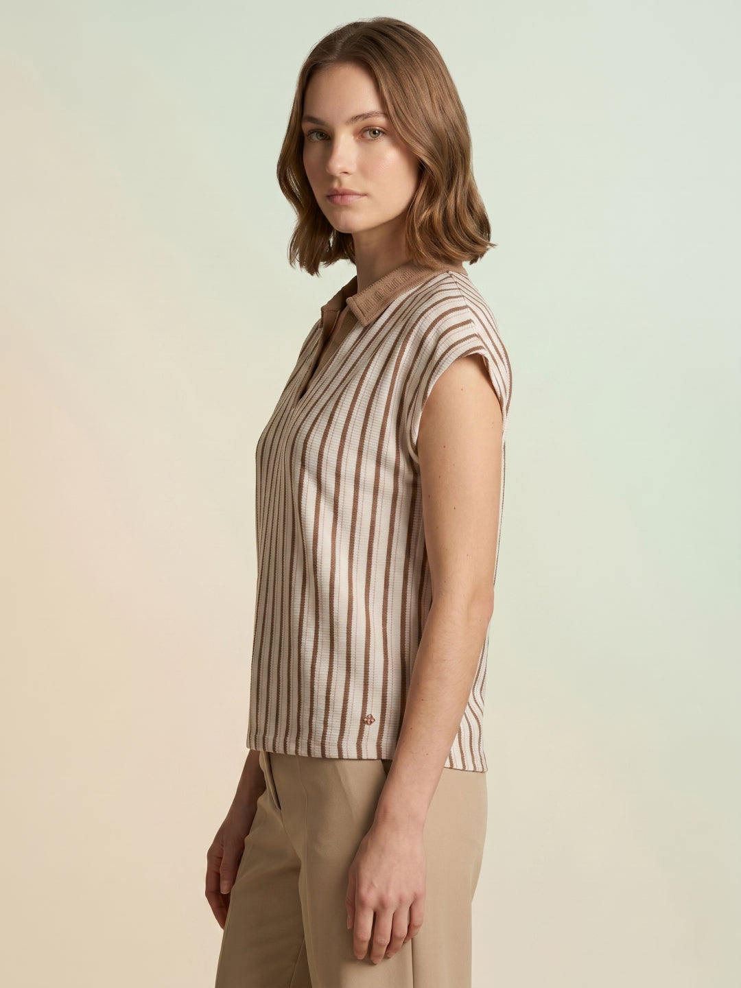 Iconic Women Cream Striped Polo T-Shirt