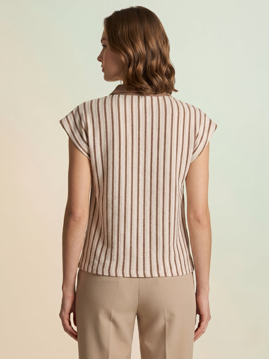 Iconic Women Cream Striped Polo T-Shirt