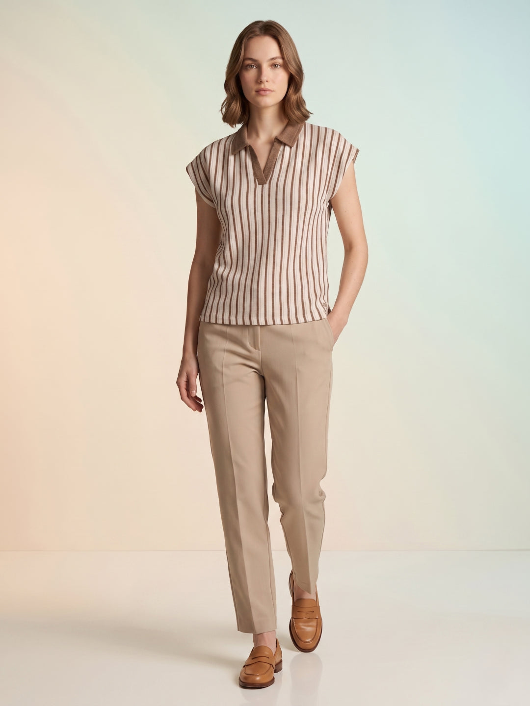 Iconic Women Cream Striped Regular Fit Polo T-Shirt