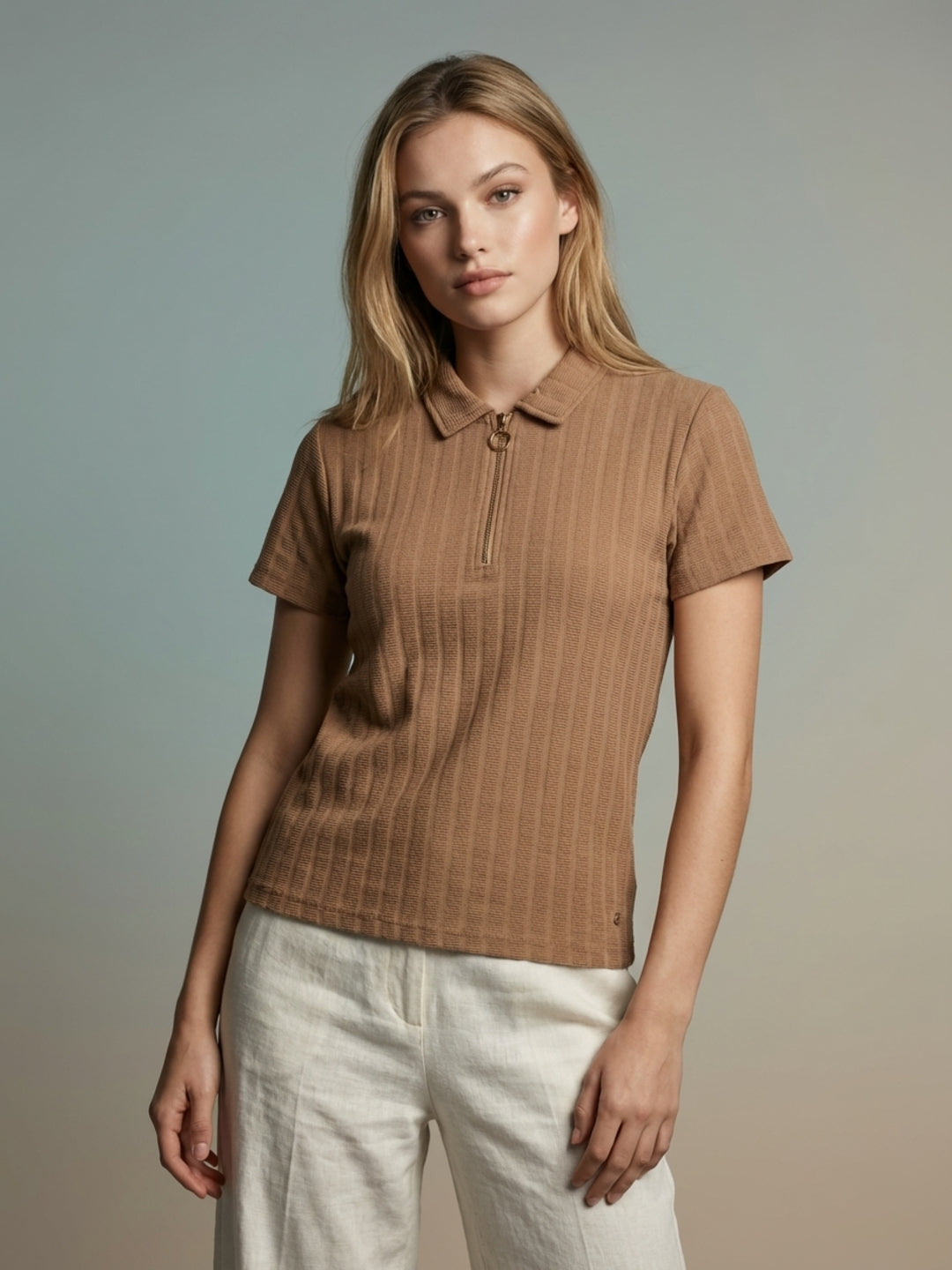 Iconic Women Beige Textured Regular Fit Polo T-Shirt