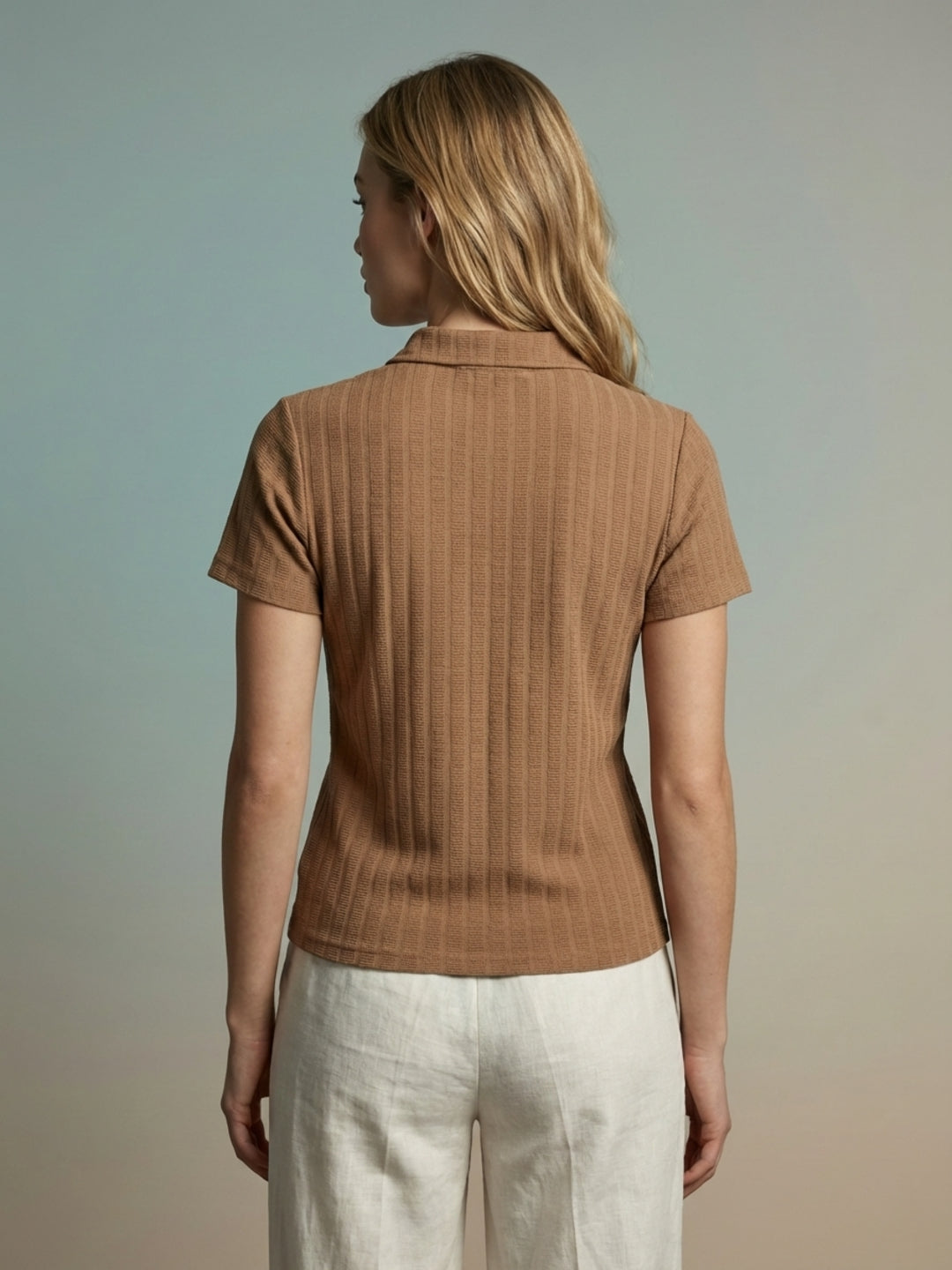 Iconic Women Beige Textured Regular Fit Polo T-Shirt