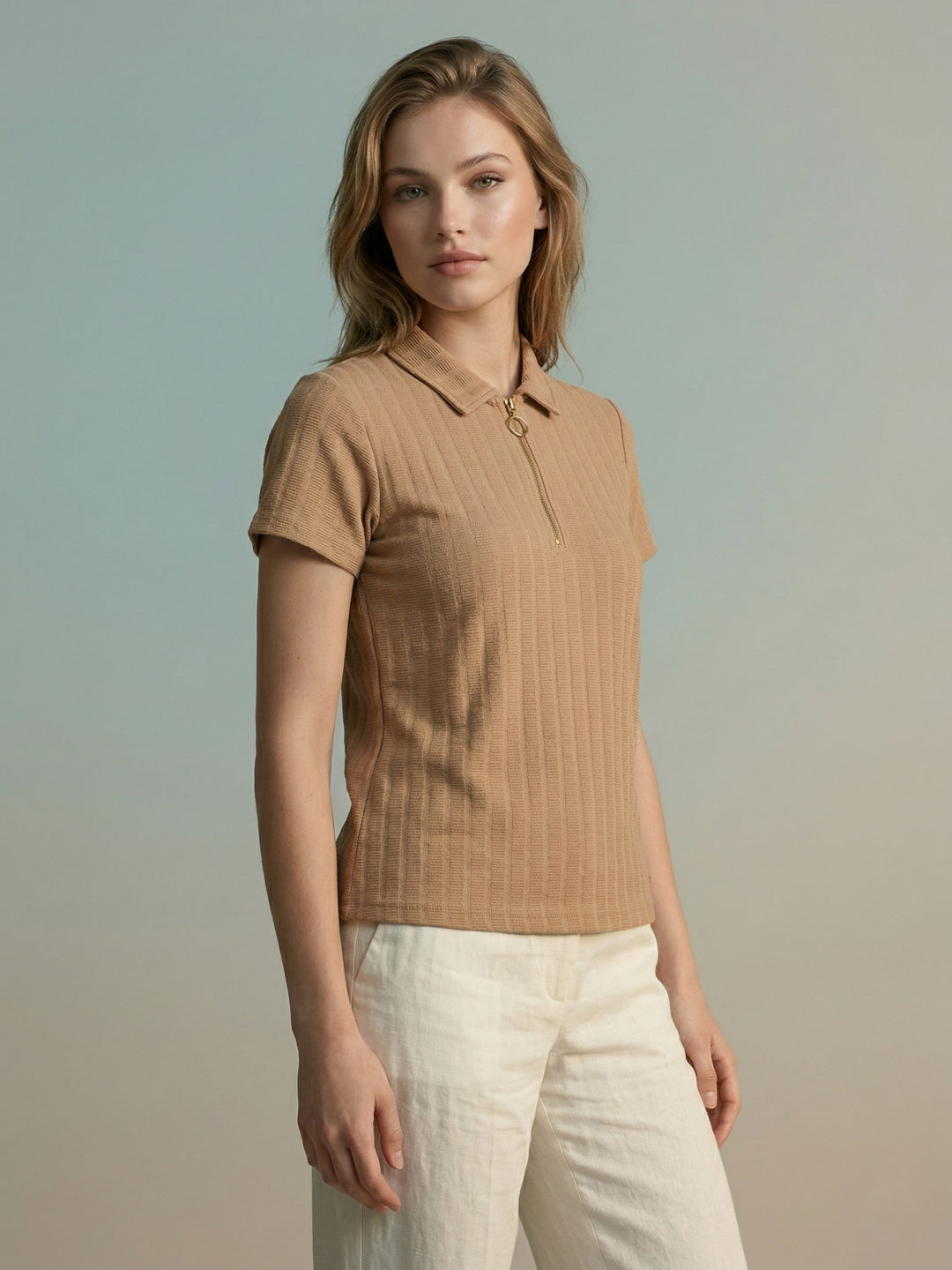Iconic Women Beige Textured Regular Fit Polo T-Shirt