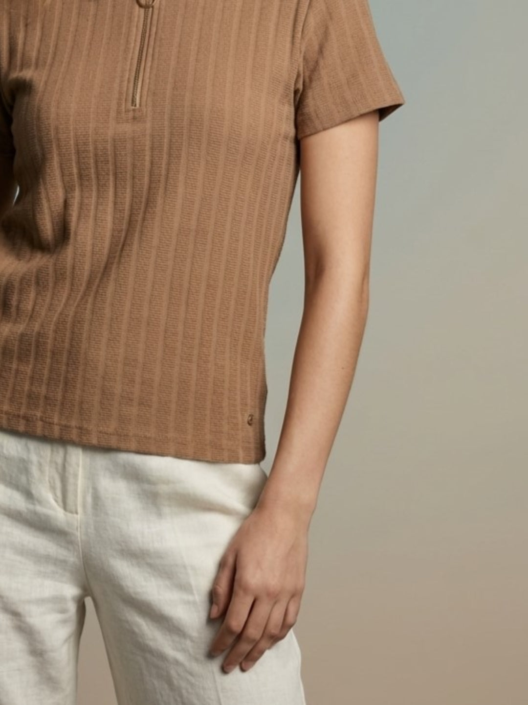 Iconic Women Beige Textured Regular Fit Polo T-Shirt