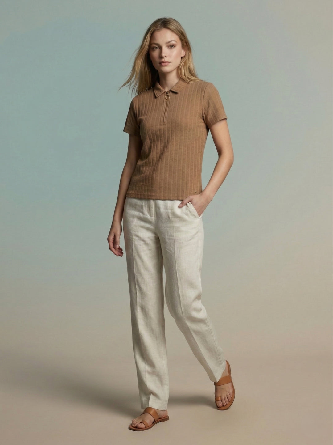 Iconic Women Beige Textured Regular Fit Polo T-Shirt