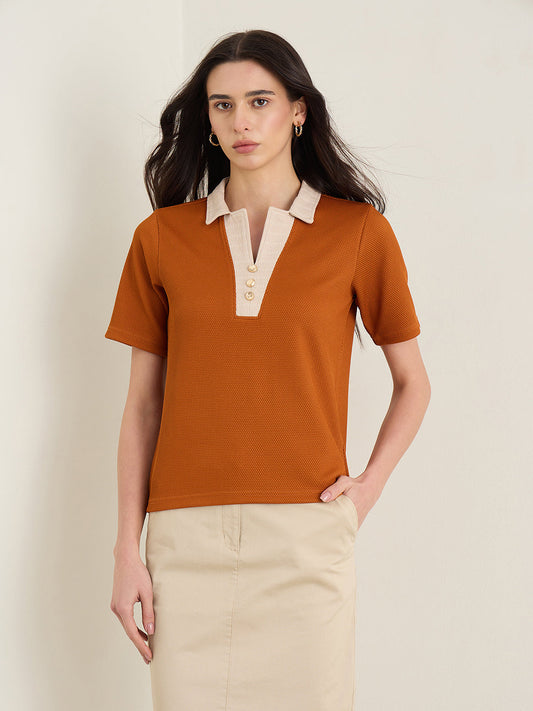 Iconic Women Rust Orange Woven Design Top