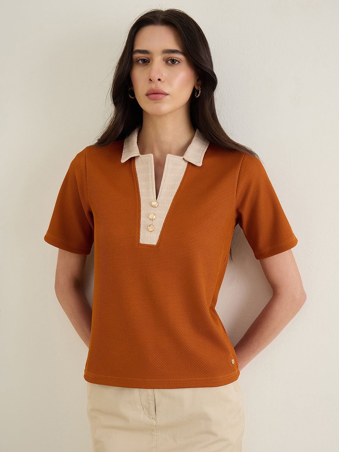 ICONIC Womens Rust Orange Woven Design Top