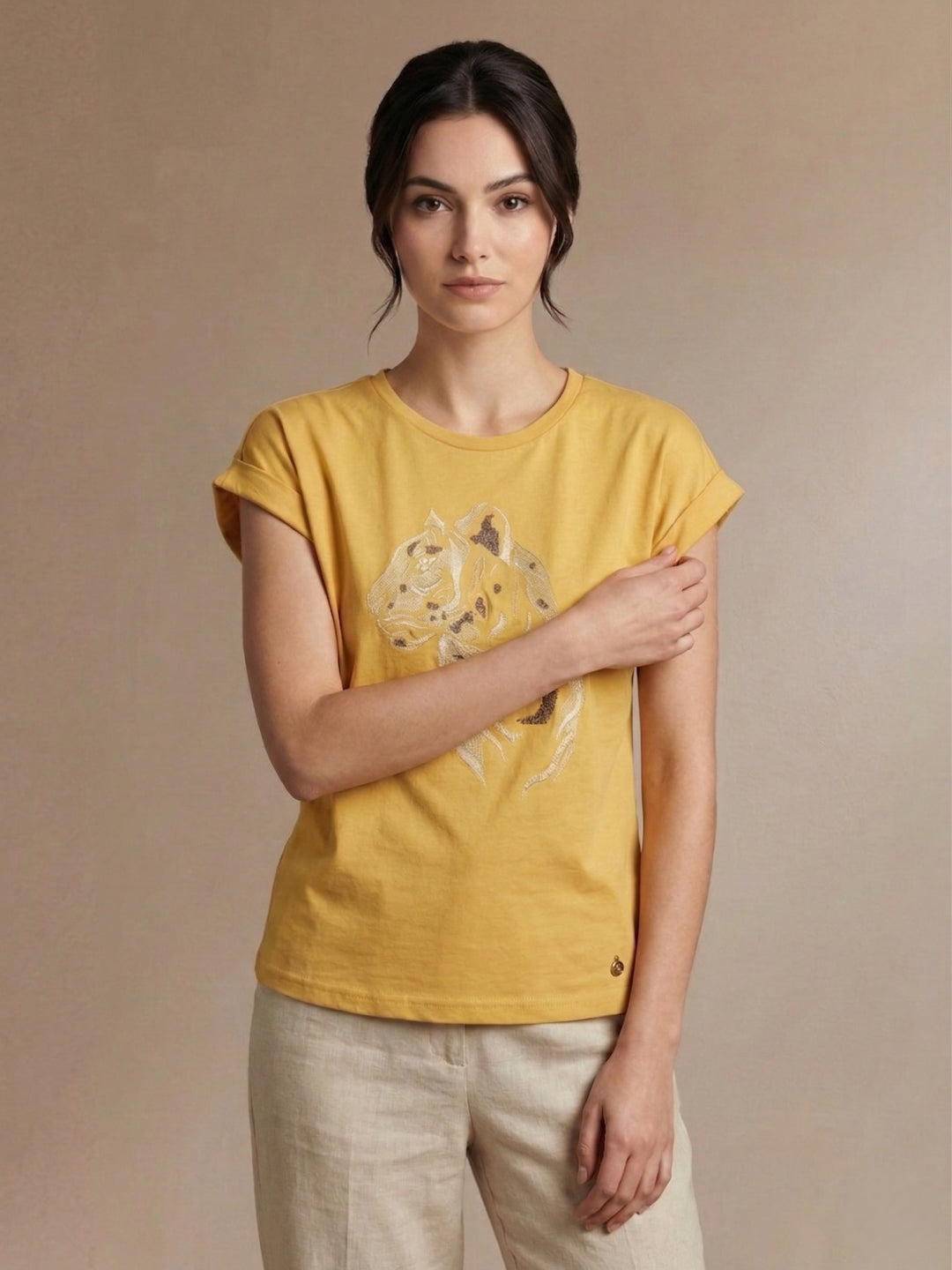 Iconic Women Yellow Cotton Tiger Embroidered T-Shirt