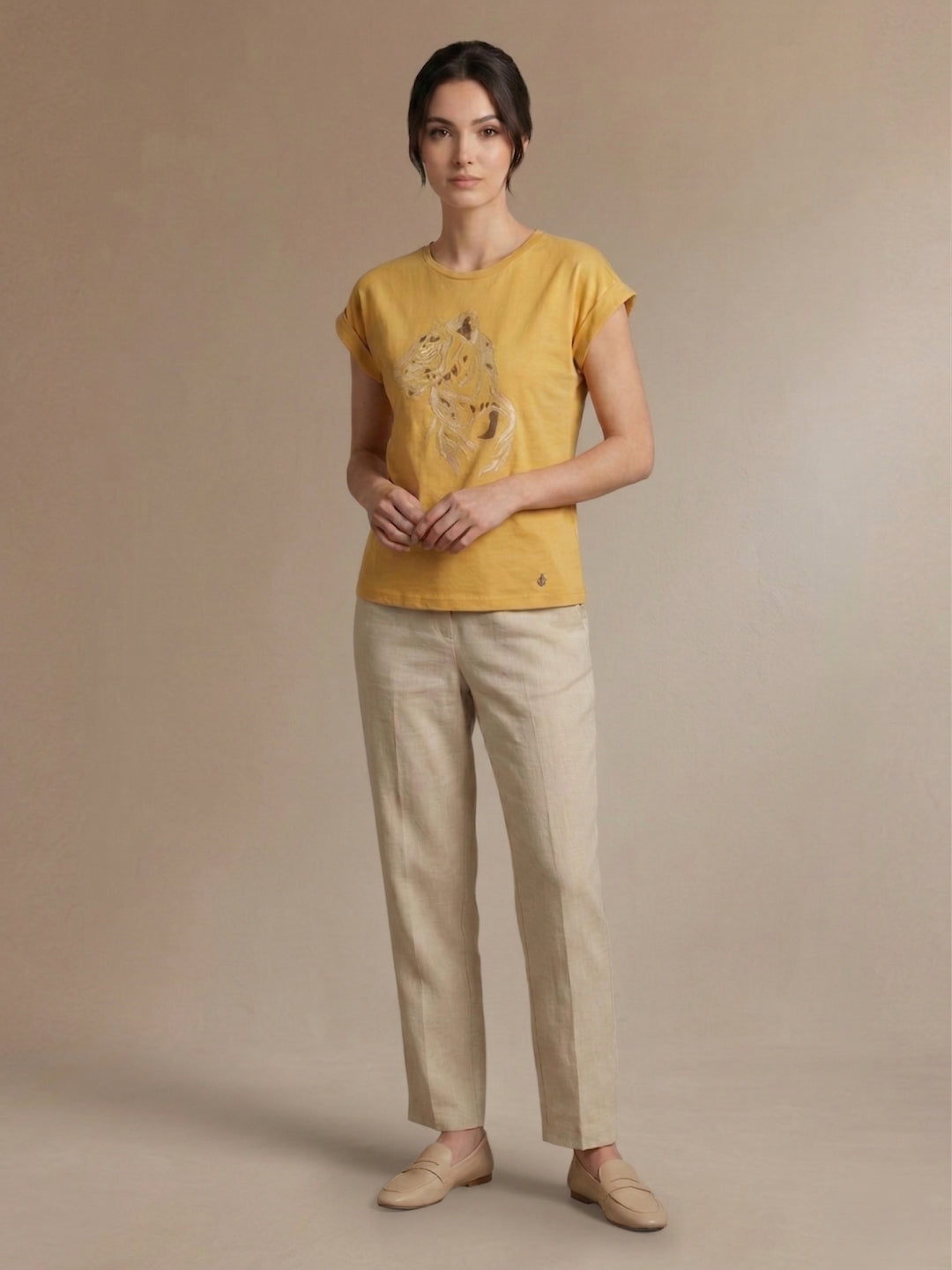 Iconic Women Yellow Cotton Tiger Embroidered T-Shirt
