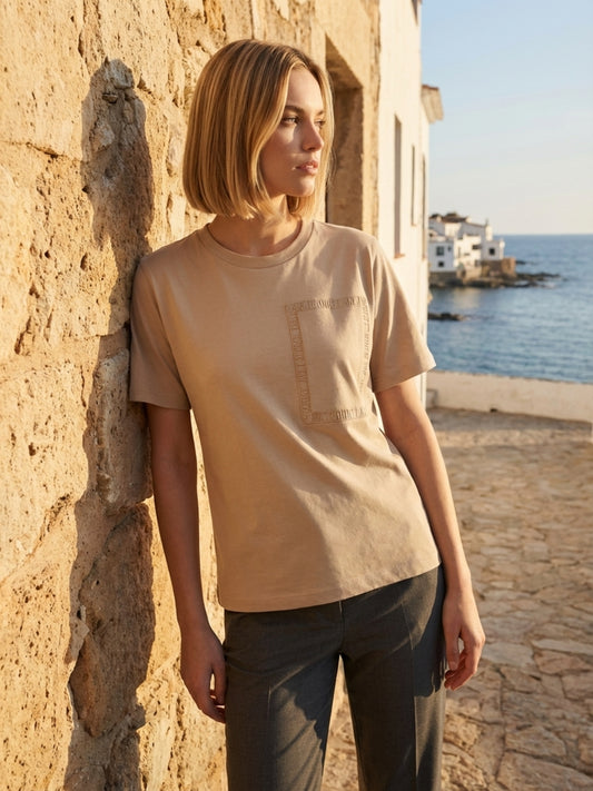 Iconic Women Beige Cotton Branded Logo Solid T-Shirt