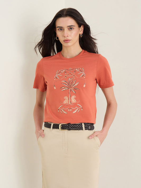 Iconic WoMen Orange Graphic Round Neck T-Shirt